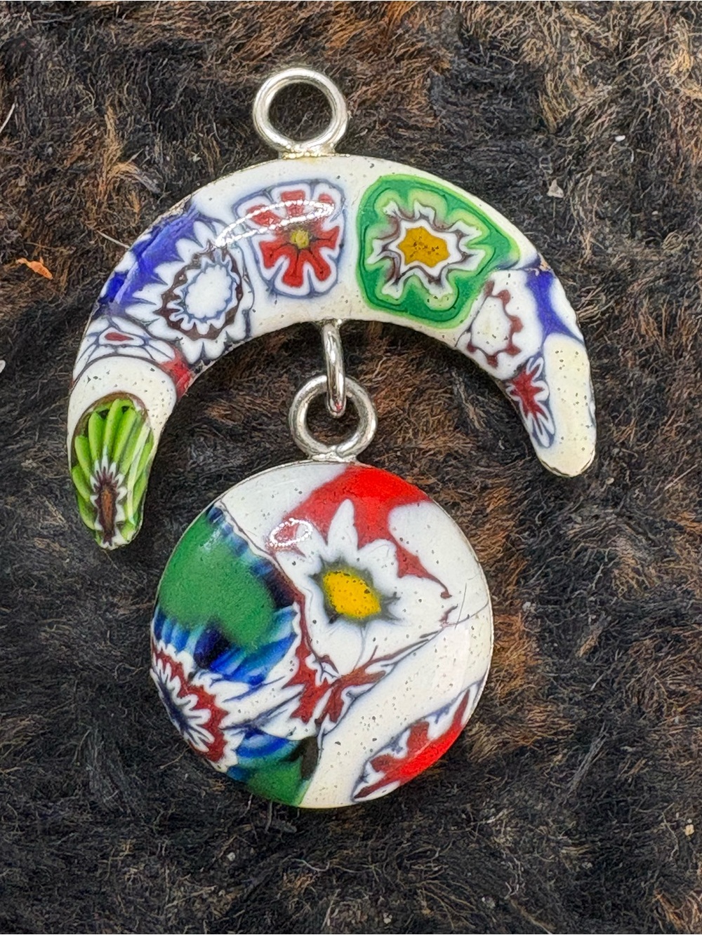 Handcrafted Millefiori Floral Pendant in White, Green, Red, Blue